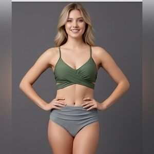 Olive Striped Twist Front High Waisted Bikini Swimsuit